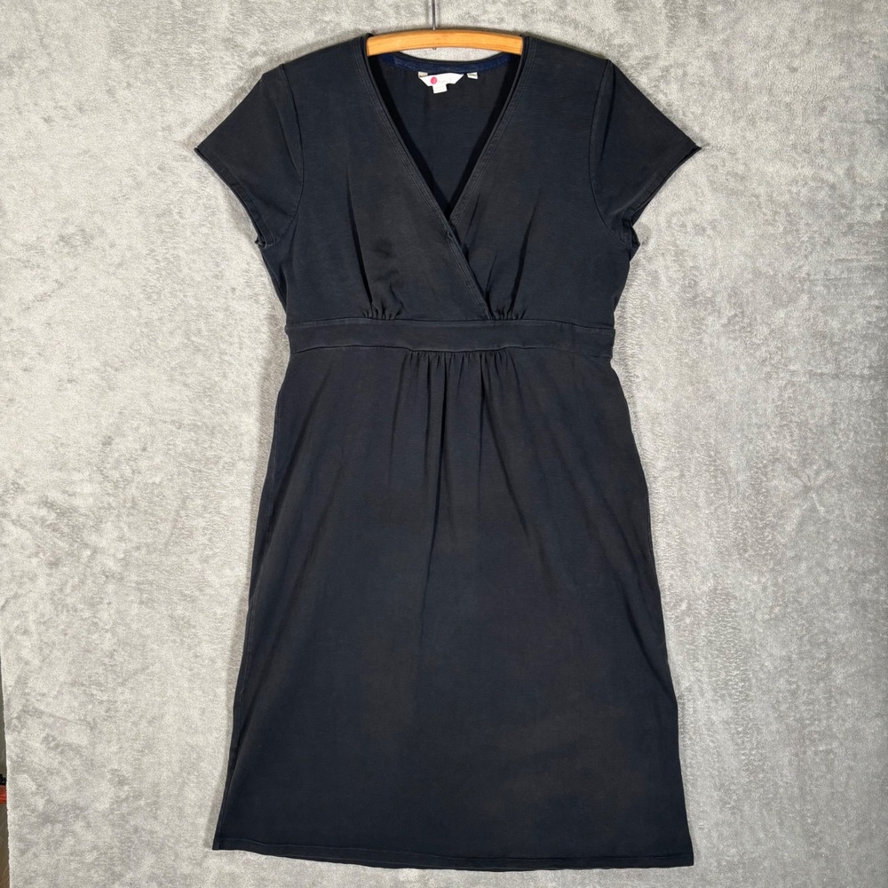 Boden Black Cotton V-Neck Empire Waist Wrap Dress US 14L UK 18L Short Sleeve